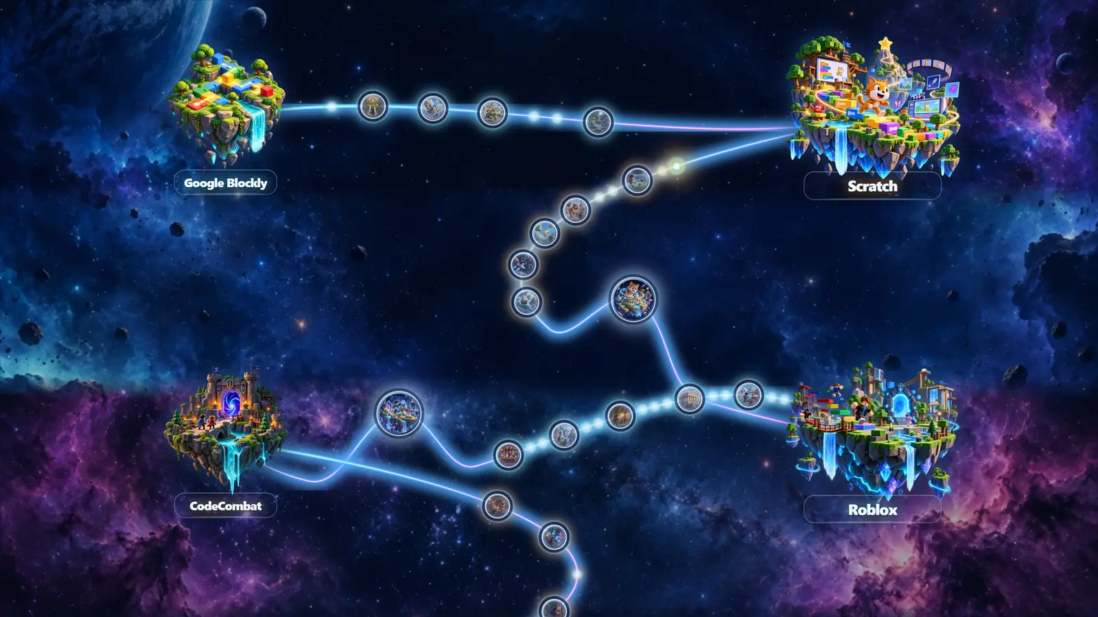 Preview of the learning map: course worlds connected by a glowing path